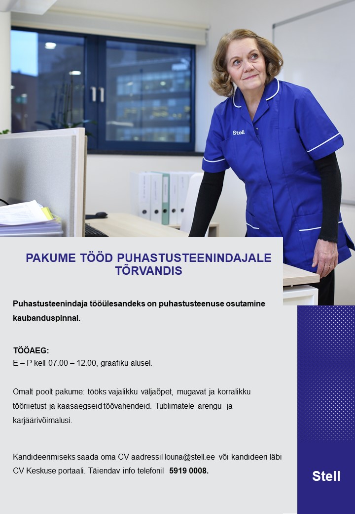 Pakume tööd puhastusteenindajale Tõrvandis