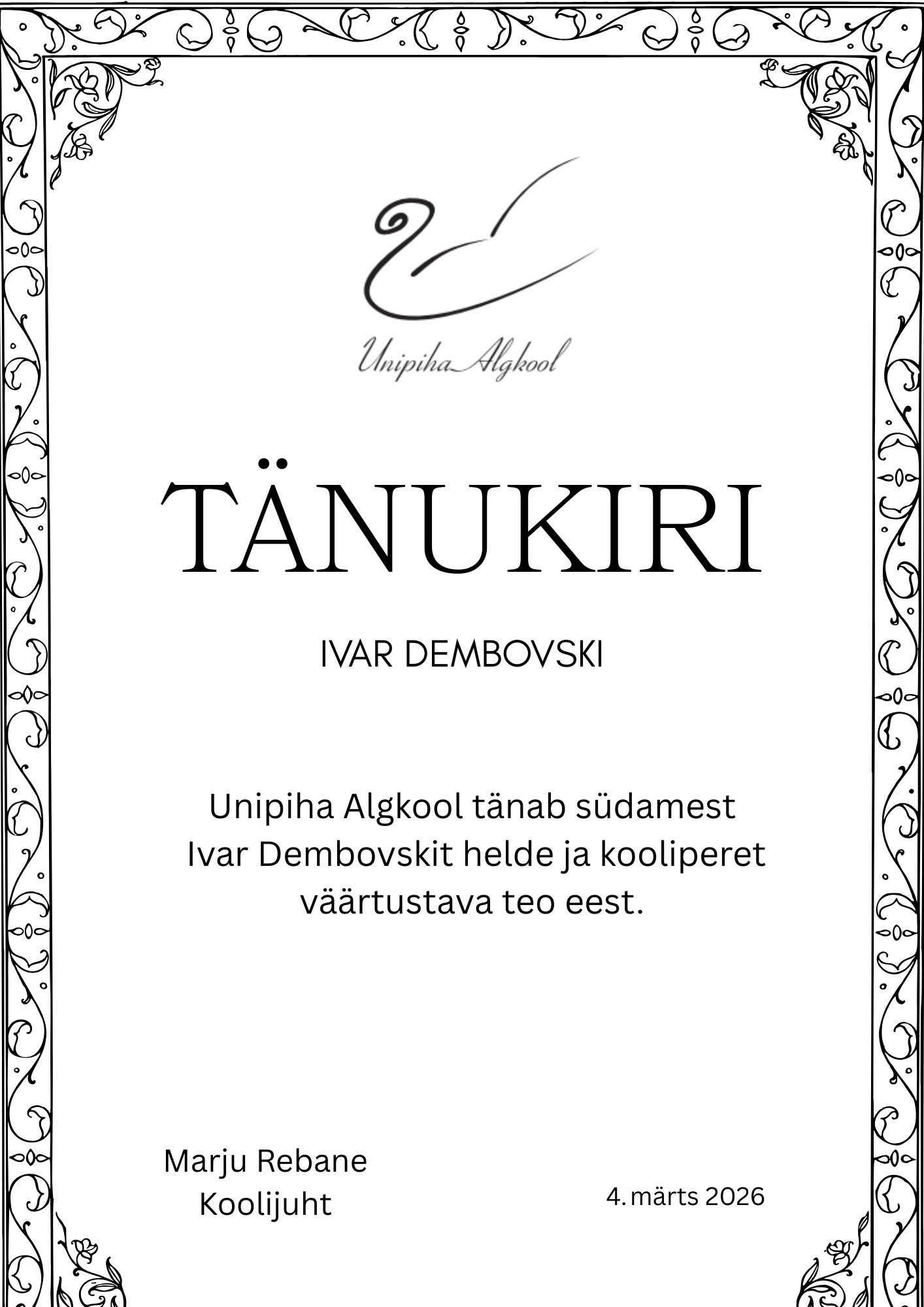 Tänukiri märkamise ja hoidmise eest.