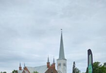 Perepäevalised kogunesid Kambja kultuurikeskuse juures Muruväljakul istuvad ja seisavad erinevas vanuses inimesed, taustal kõrgub ajalooline kirik kõrge torniga. Pilvine ilm.