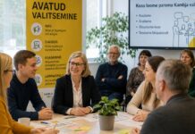 Uuendati avatud valitsemise tegevuskava Koosolekuruumis istuvad ümber laua eri vanuses inimesed ning arutavad ühiselt kohaliku omavalitsuse teemadel. Laual on dokumendid, märkmelehed, kleepsud ja kohvitassid, mis viitavad aktiivsele arutelule ja koostööle.