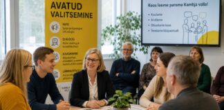 Uuendati avatud valitsemise tegevuskava Koosolekuruumis istuvad ümber laua eri vanuses inimesed ning arutavad ühiselt kohaliku omavalitsuse teemadel. Laual on dokumendid, märkmelehed, kleepsud ja kohvitassid, mis viitavad aktiivsele arutelule ja koostööle.